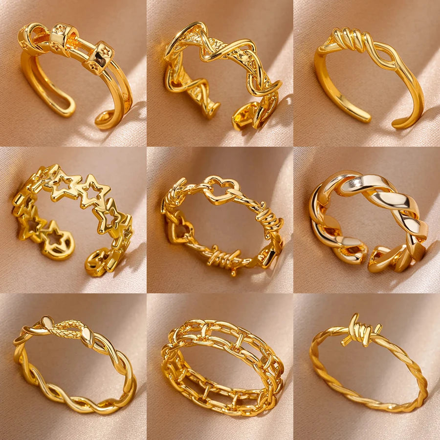 Hohle Liebesherz-Stern-Ringe für Damen, Edelstahl, Goldfarben, kubanische Kette, Ring, Trend, Hochzeit, Schmuck, Geschenk, anillos mujer
