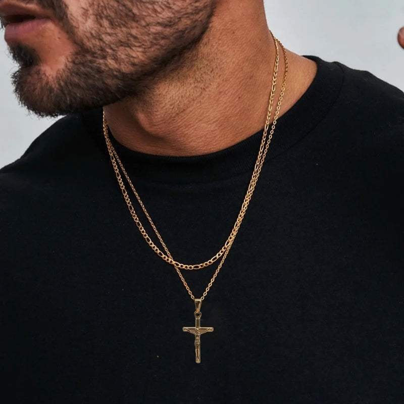 Cruz de Jesús de Acero Inoxidable Chapado en Oro de 18k, Collar con Colgante para Hombre y Mujer, Joyería Religiosa Impermeable