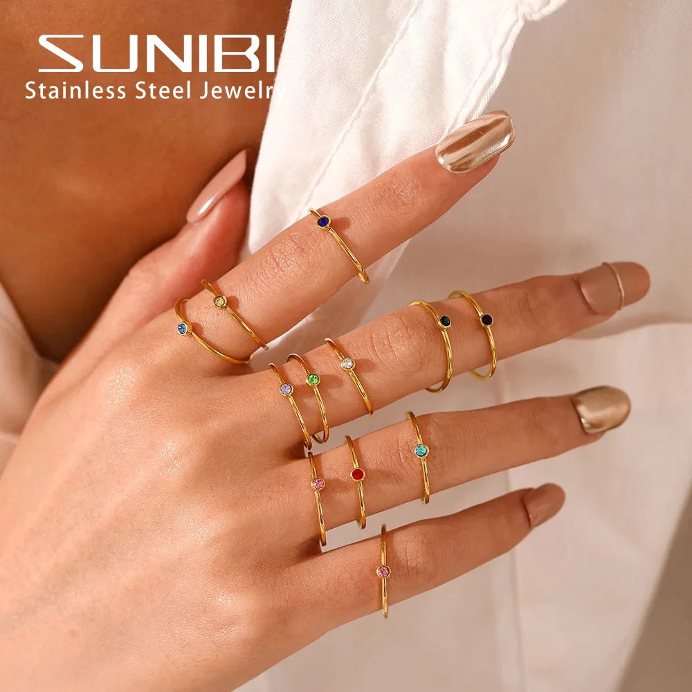 Anillo de piedra natal de acero inoxidable SUNIBI para mujer, color dorado, estilo simple, joyería de moda para fiestas, dropshipping