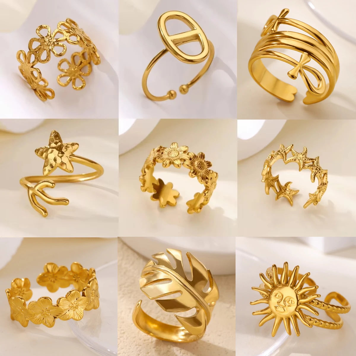 Anillos de Acero Inoxidable con Flores Múltiples Apiladas en Color Dorado Elegante para Mujer, Joyería de Anillo Nuevo de Concha para Boda, Cumpleaños, Delicado