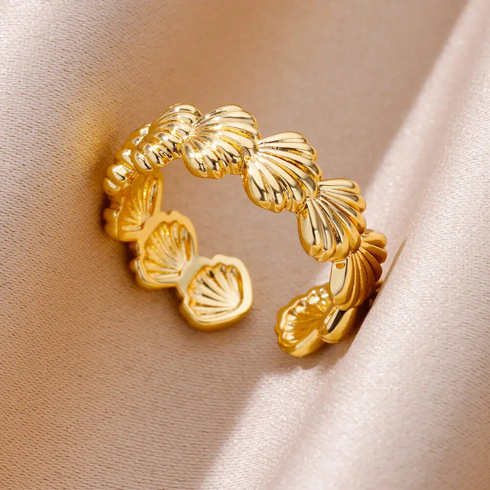 Anillos abiertos de acero inoxidable con conchas de estrellas de mar para mujer, anillo de dedo de color dorado a la moda, joyería de océano para vacaciones de verano en la playa