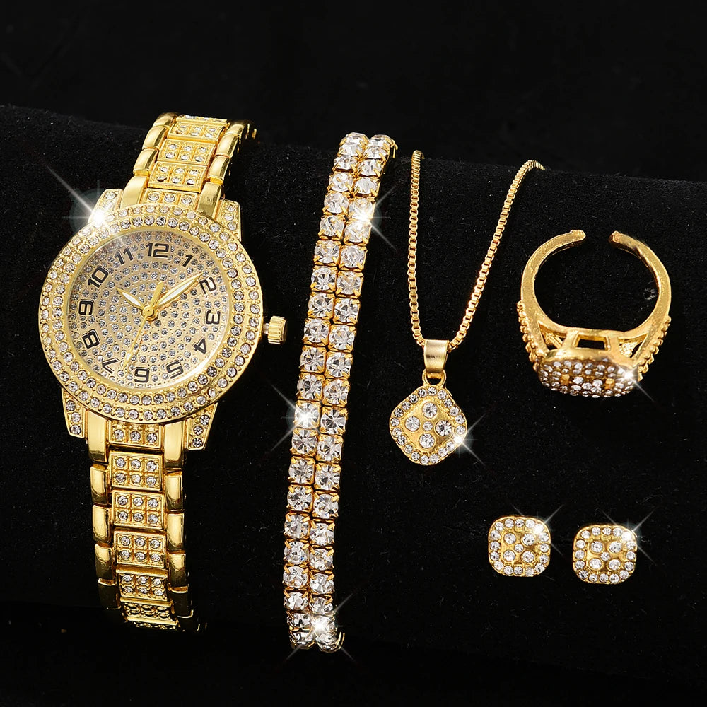 Luxus Damen Gold Uhr Mode Damen Quarz Diamant Armbanduhr Elegante weibliche Armbanduhr Set Reloj Mujer