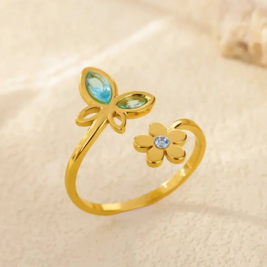 Elegante Zirkonia Blumen Schmetterling Ringe für Damen Goldfarben Edelstahl Blume Verstellbarer Ring Hochzeit Weihnachts Schmuck Geschenk