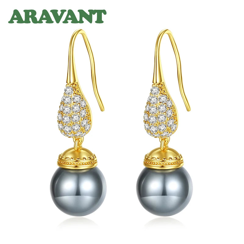 Pendientes Aravant de plata 925 y oro de 18 quilates con gota de agua y perla negra para mujer, joyería de moda