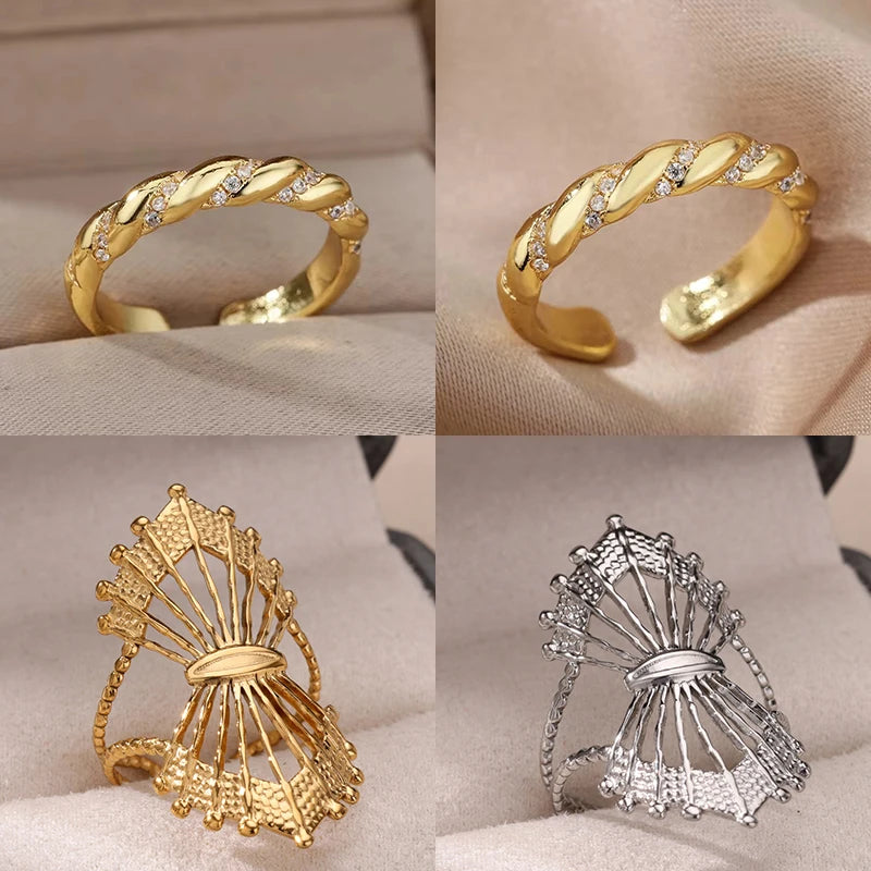 Zirkon Gedrehte Ringe für Frauen, Punk Edelstahl Goldfarben Offener Ring Geometrischer Fingerring Hip Hop Charm Schmuck Geschenk
