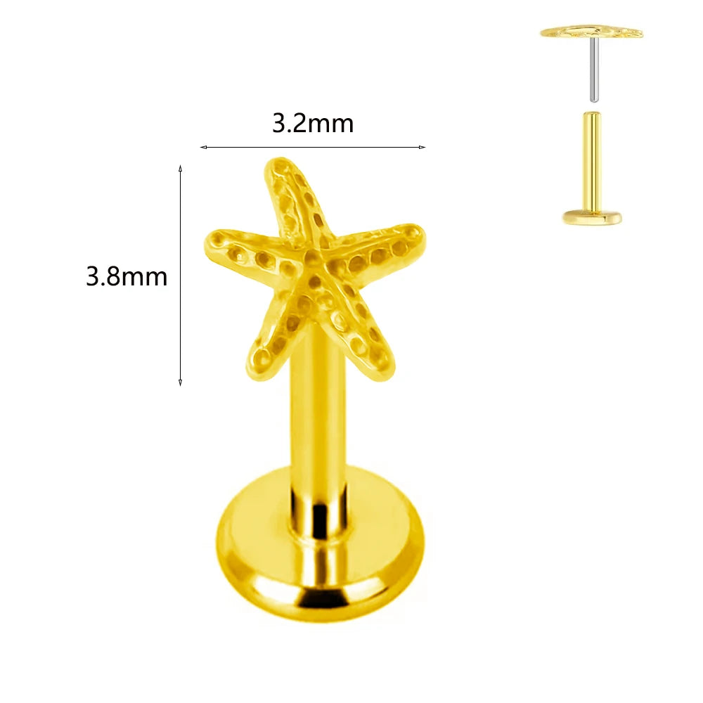 ASTM F136 G23 Titan Labret Piercing Seestern Ohrstecker Biene Blatt Push-In CZ Gewindeloser Knorpel 16/18/20G Körperschmuck