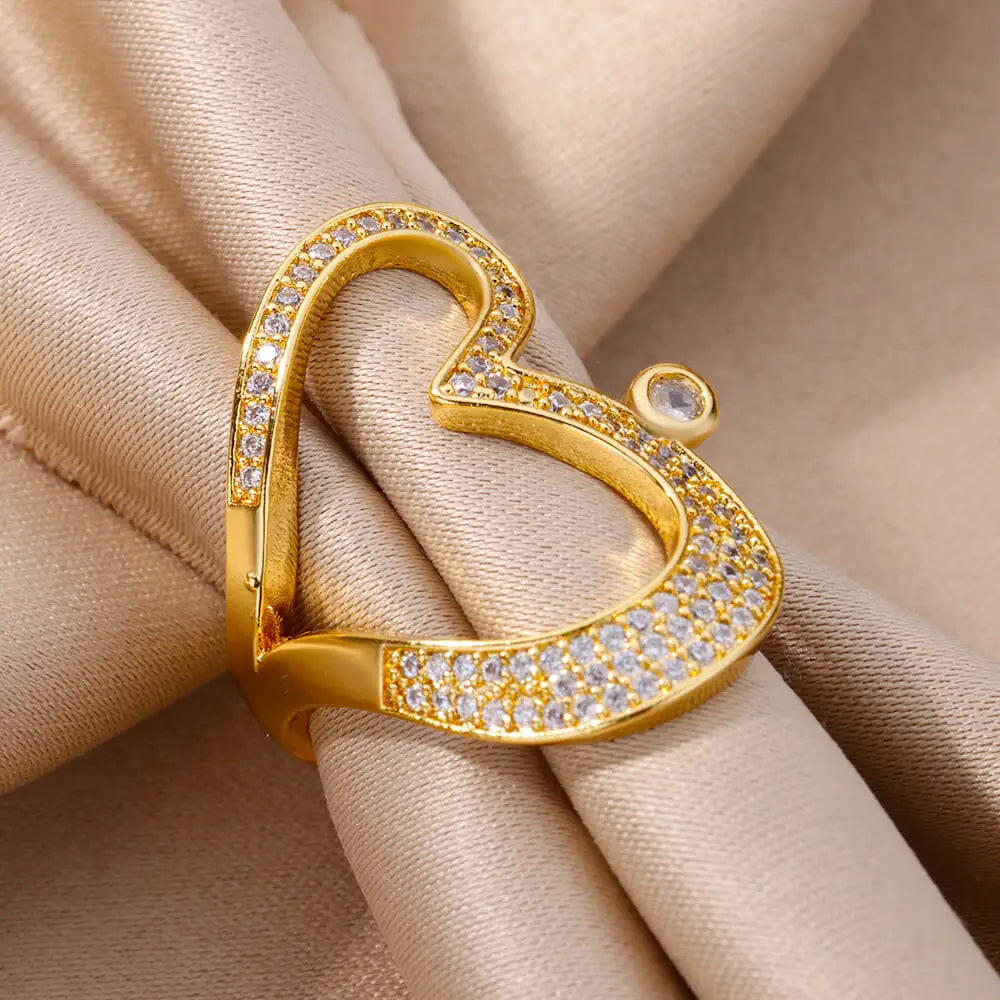 Edelstahl Herzringe für Frauen, goldfarben, CZ Kristall Zirkon, offener Fingerring, Hochzeit, ästhetischer Schmuck, Geschenk, anillos