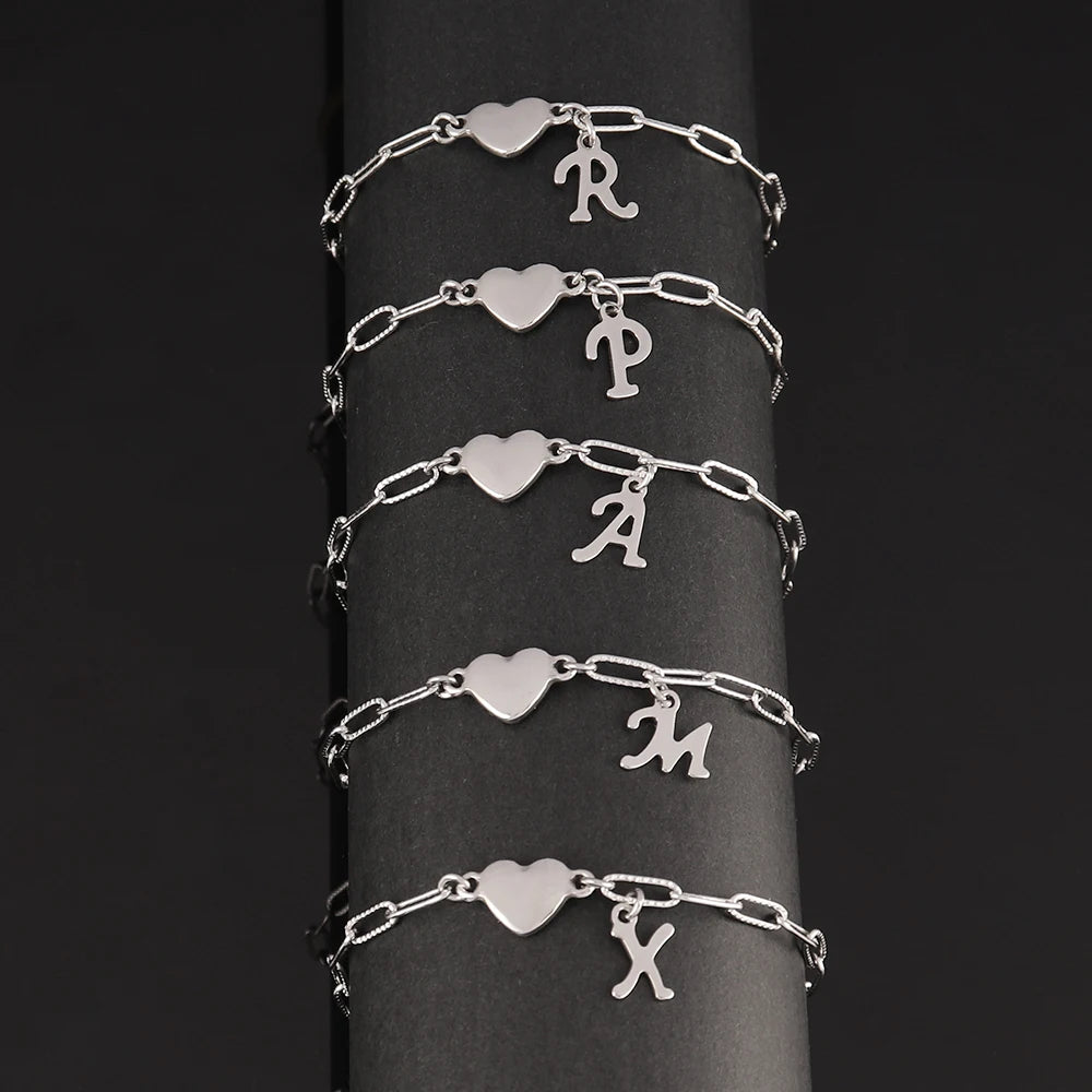 Stainless Steel 26 Letters English Initial Letter Heart Bracelet DIY Personalized Name Bracelets Women Anniversary Jewelry Gifts