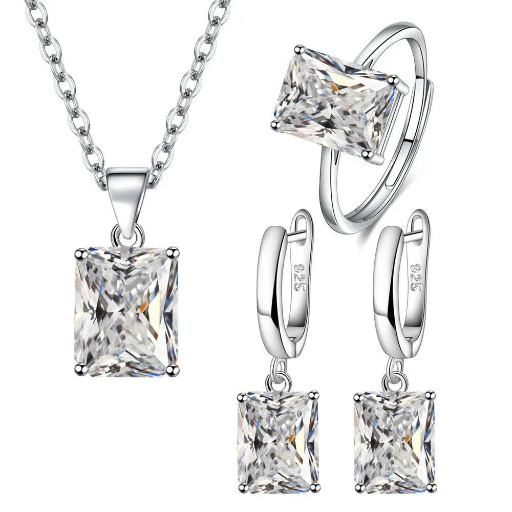 925er Sterlingsilber Elegante Schmucksets Ring Ohrringe Halskette für Damen Rechteck Geometrie Zirkon Hochzeit Accessoires