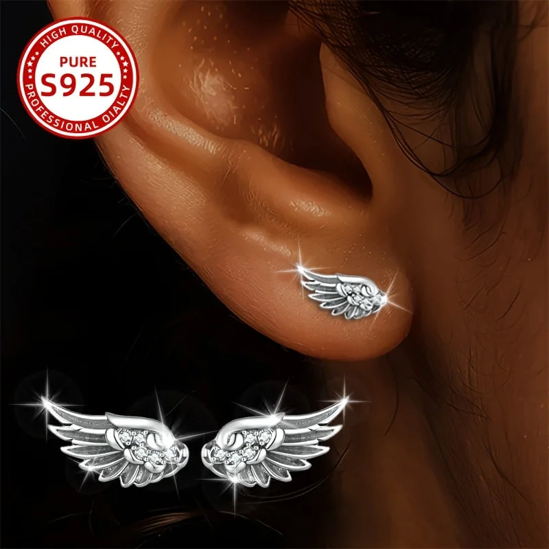 Pendientes elegantes para mujer con alas de pluma de ángel, 1,12g, plata 925, adecuados para uso diario, fiestas, vacaciones, regalos