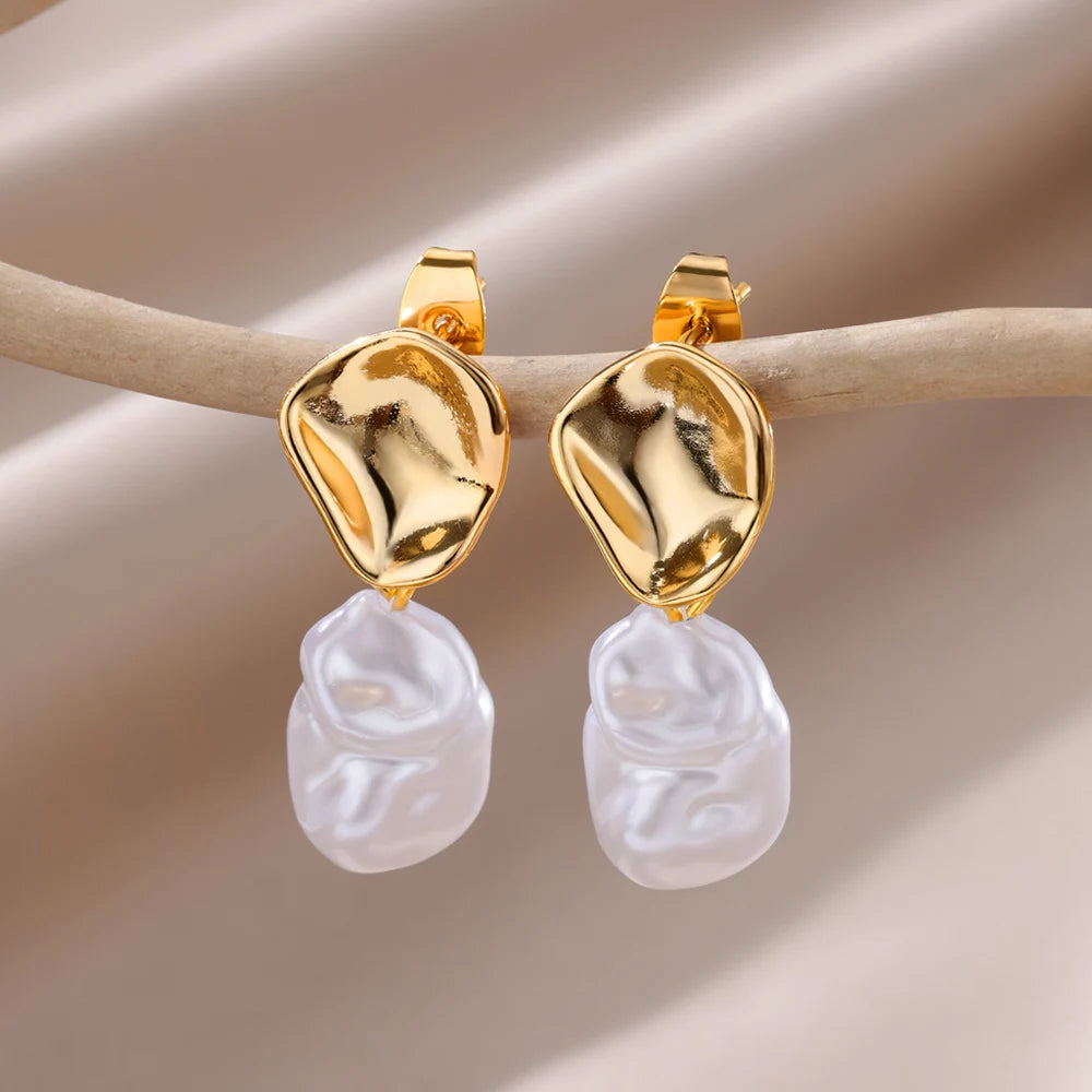Pendientes colgantes de perlas de imitación Fashion Circle para mujer, de color dorado, de acero inoxidable, redondos, geométricos, de aro, joyas para boda