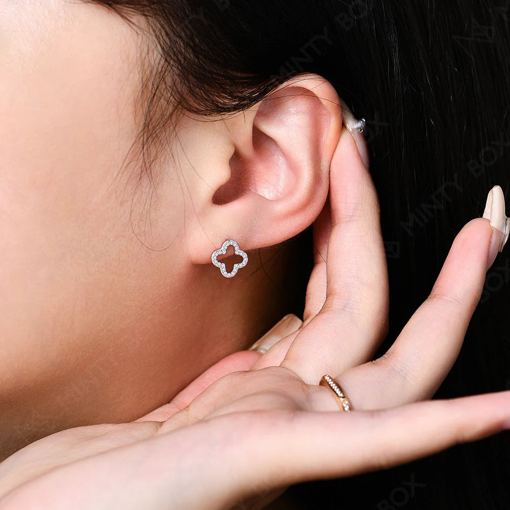 MINTYBOX Pendientes de Plata de Ley S925 con Moissanita y Diamantes para Mujer, Diseño de Trébol Chapado en Oro Blanco de 18 Quilates, Joyería Fina para Boda