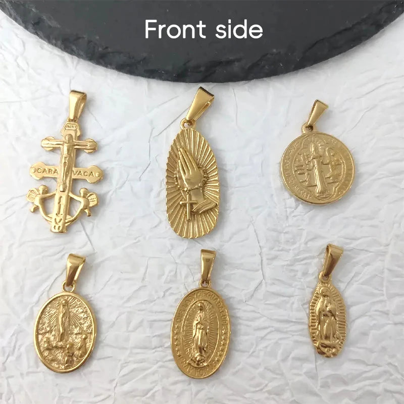 Collar con colgante de oración de la Cruz de San Miguel de la Virgen María, de acero inoxidable dorado, colgantes religiosos, joyería católica para mujeres/hombres