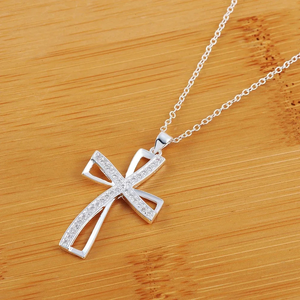 Promociones Collar de 45cm de plata de ley 925 con dije para mujer, colgante de cruz de cristal, cadena de joyería, moda, lindo, fiesta de boda