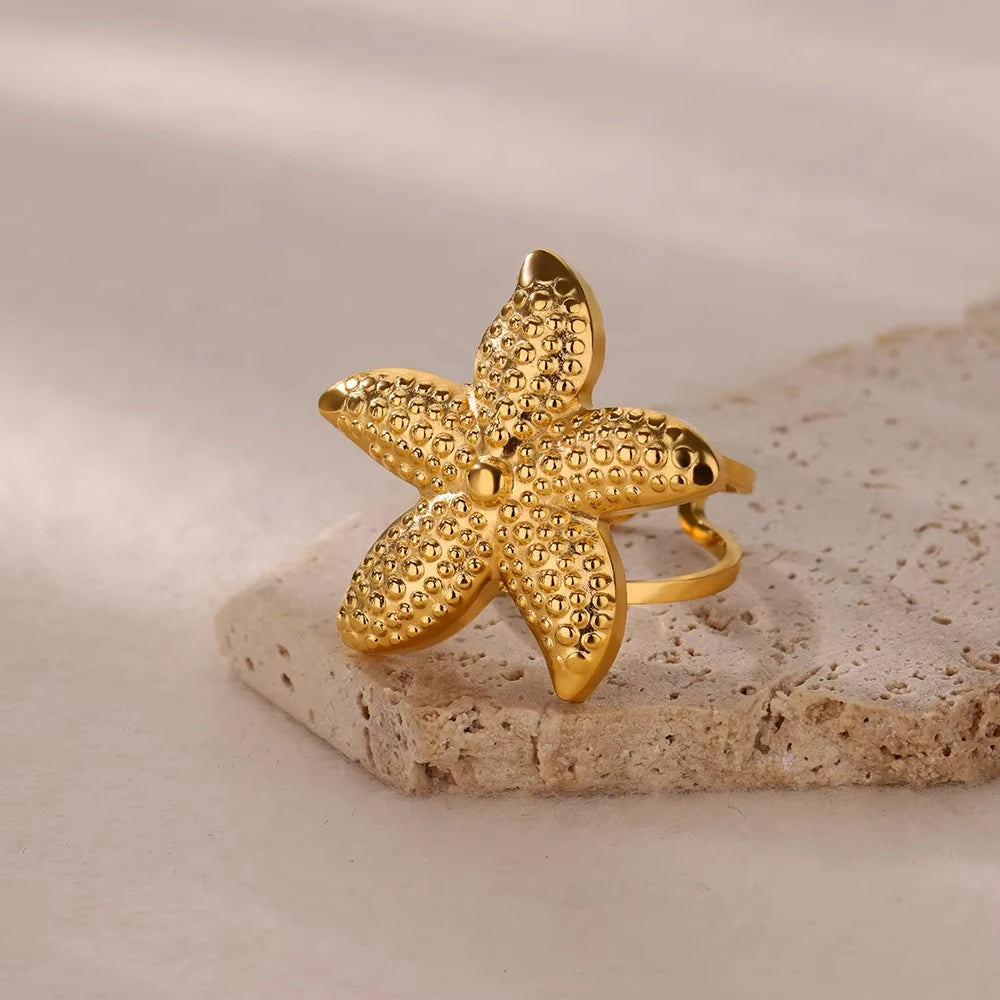 316L Edelstahl Seestern Muschel Ringe für Frauen Gold Farbe Offener Fingerring Femme Trendiger Sommerurlaub Ozean Schmuck Geschenk