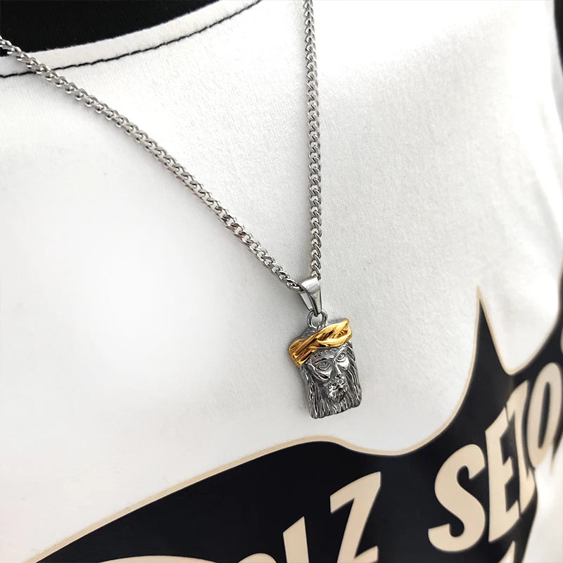 Colgante con cabeza de Jesús de acero inoxidable chapado en oro de 18 quilates con forma de corona, regalo religioso perfecto para bautizos y Navidad