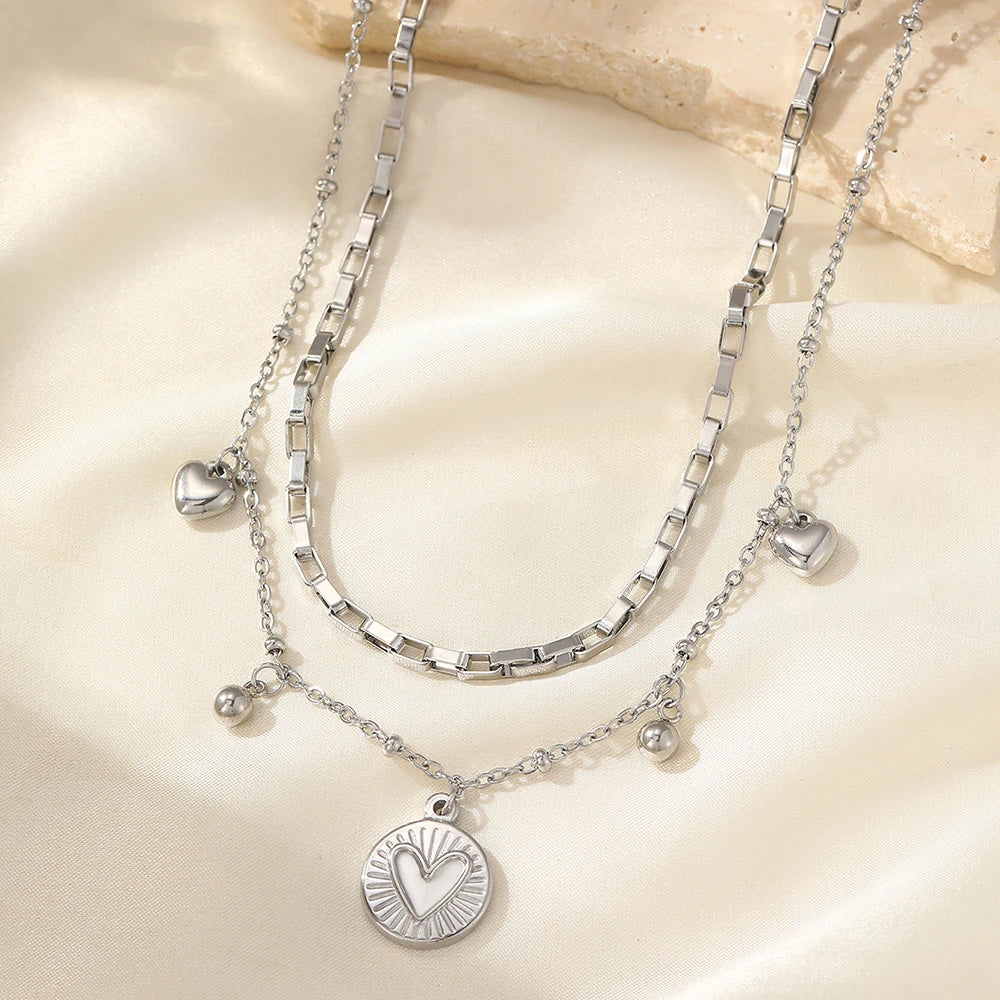 woiwoi Stainless Steel Necklace Luxury Exquisite Peach Heart Double Layer Bone Chain Ladies Jewelry Birthday Anniversary Gift