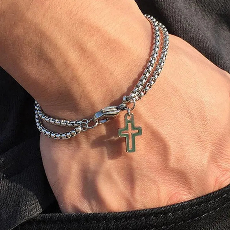 1x Armband Edelstahl Dicke Kette Kreuz Hohler Kreuzanhänger Doppelarmband Persönlichkeit Nische Hochwertiger Handschmuck