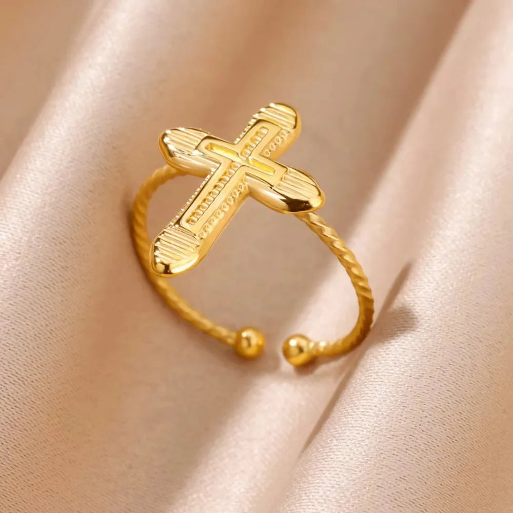 Edelstahl Kreuzringe für Frauen Vintage Gold Farbe Öffnung Kreuz Fingerring Party Hochzeit Schmuck Geschenk anillos mujer