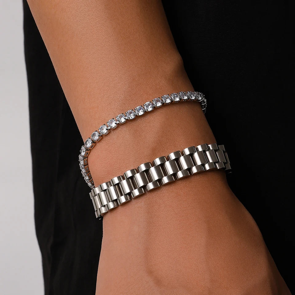 Yupsk 2 Pieces Stainless Steel Zirconia Tennis Bracelet Bangle Set Round Zircon CZ Aesthetic Women Jewelry Set Gift