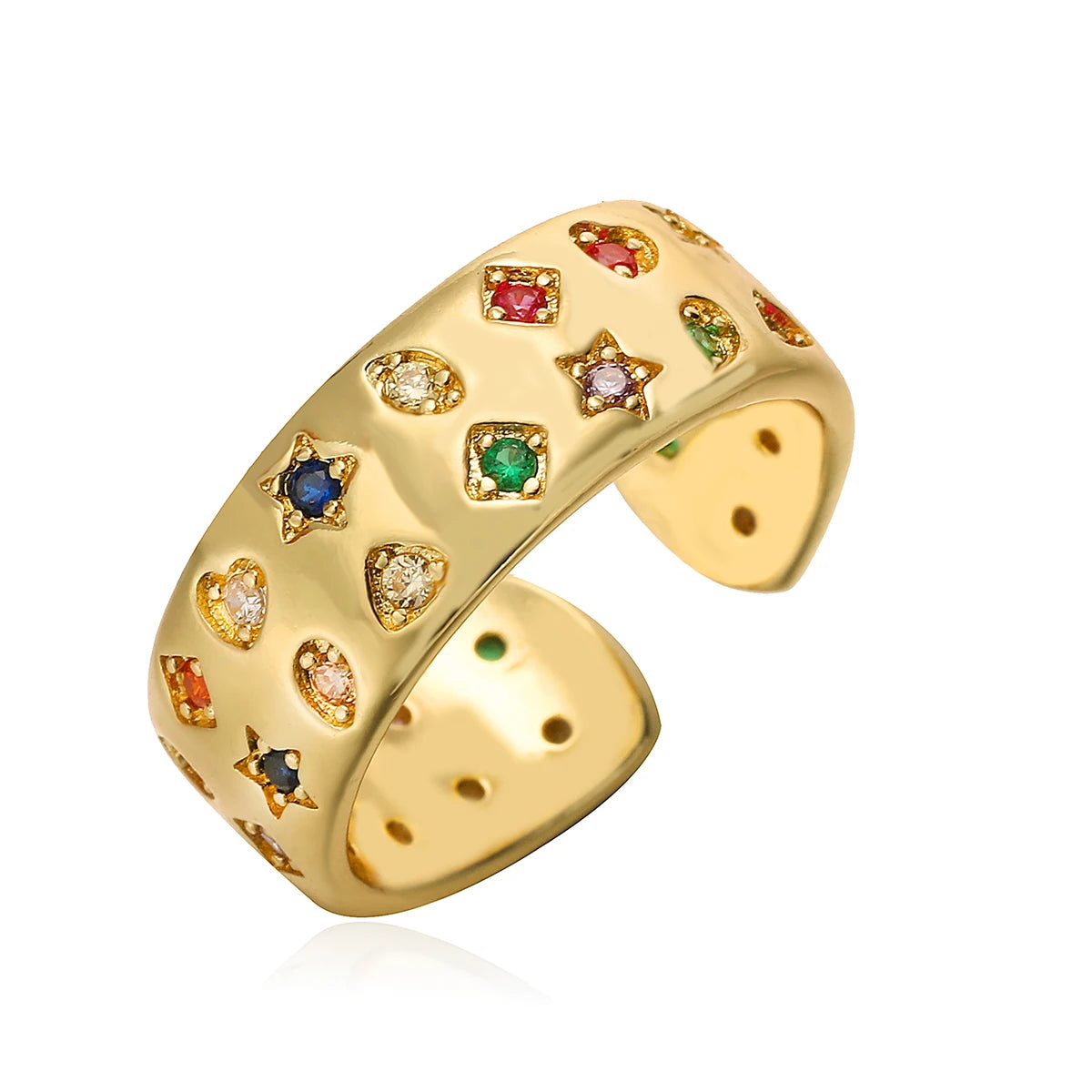 NEWBUY 2024 Neue Mode Goldfarbene Bunte AAA Zirkonia Inlay Schmuck Offenes Design Eheringe Ringe für Frauen Mädchen
