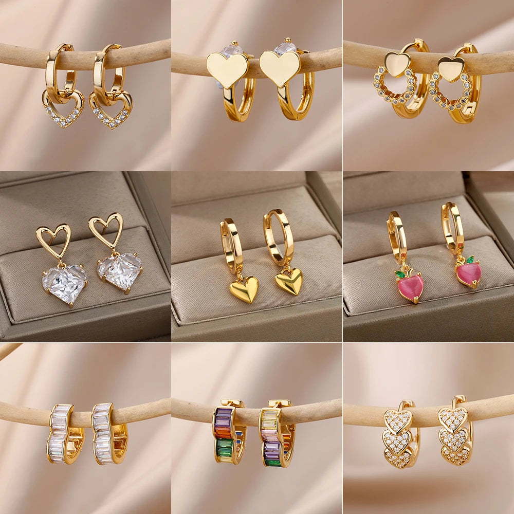 Edelstahl-Herzohrringe für Damen Goldfarbene Mode-Zirkon-Liebes-Herz-Ohrhänger Hochzeit Ästhetischer Schmuck Geschenk 2023