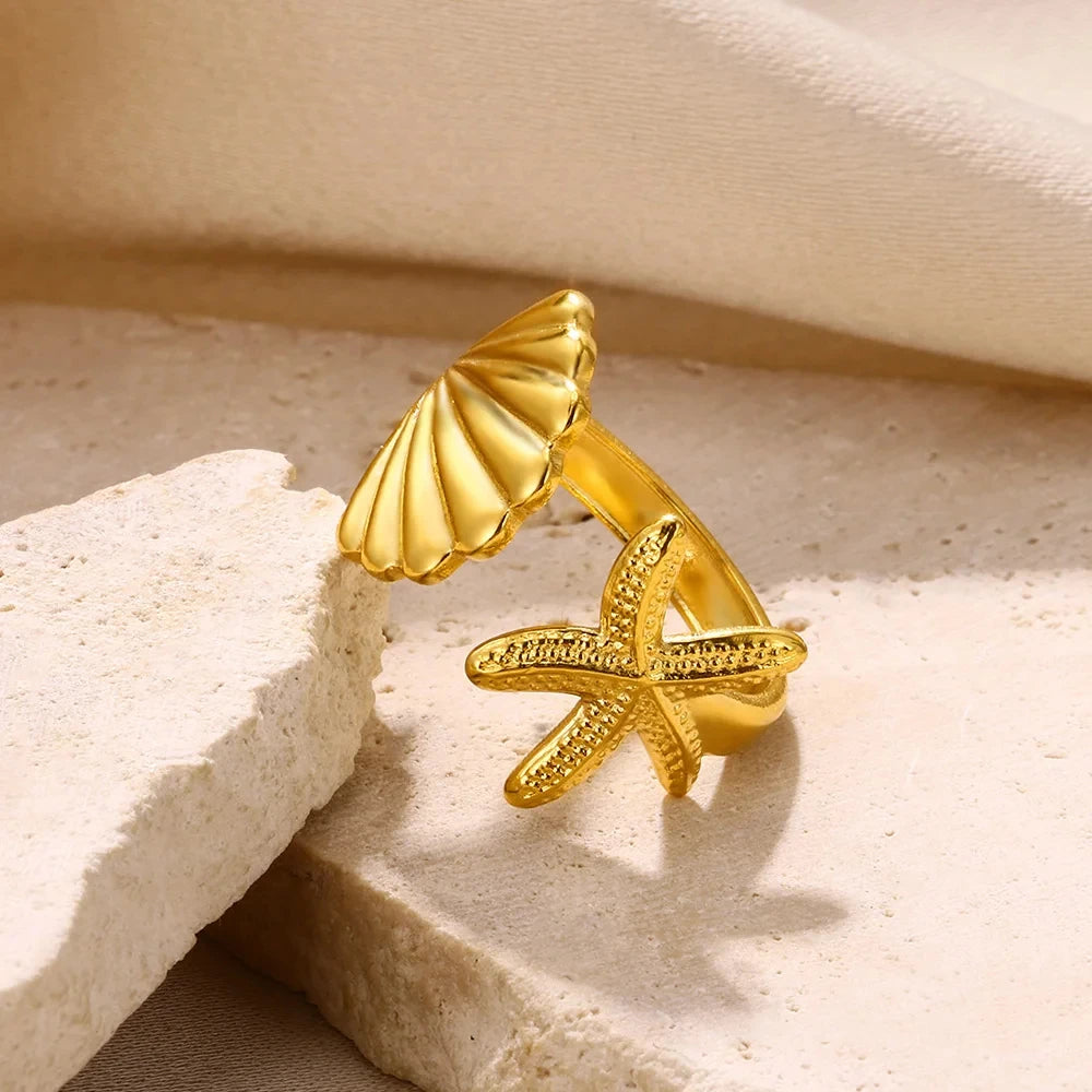 Vintage Muschel-Seestern-Ringe für Damen, goldfarben, Edelstahl, Muschel, Ozean, offener Ring, Hochzeit, Sommer-Schmuckgeschenk