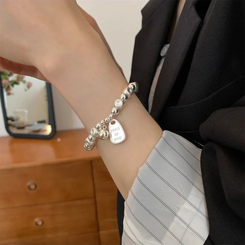 Armband aus 925er Sterlingsilber, mattiert, geometrisch, für Damen, Buchstabenperlen, Frosted-Friedens-Schmuckgeschenke