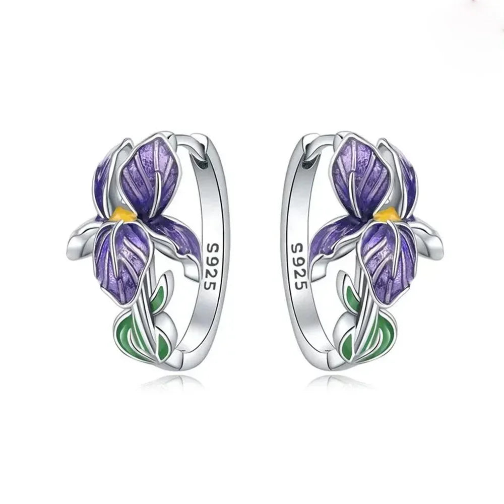 925 Sterling Silber Lila Blumen Serie Ohrring Schmuck Vielseitige Creolen für Frauen Schmuck Feine Geburtstagsgeschenke