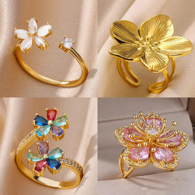 Bunte Zirkon-Doppelblumenringe für Damen, vergoldeter Edelstahl, Blumenöffnungsring, Hochzeit, ästhetischer Schmuck, Geschenk 2023