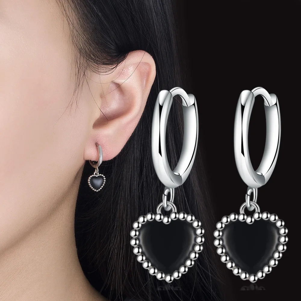 925 Sterling Silber Ohrringe mit schwarzem Herz für Damen, Hochzeit, luxuriöser, eleganter Schmuck, Accessoires, Trend 2024