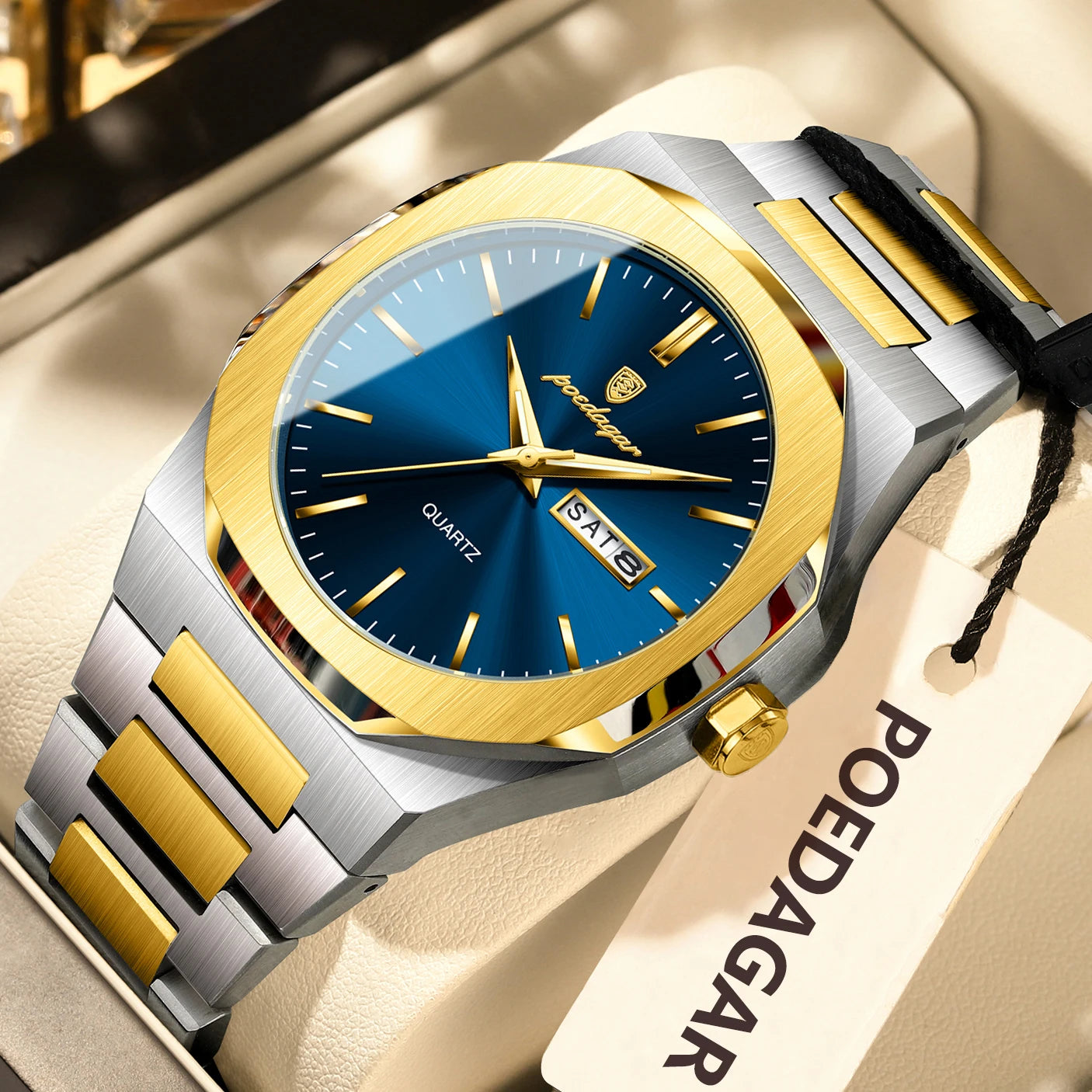 Reloj de hombre de marca de moda POEDAGAR, impermeable, luminoso, de acero inoxidable, para hombres, fecha, semana, informal, de cuarzo, Reloj de hombre