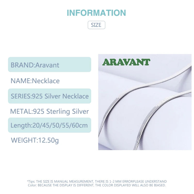 Aravant Collar de cadena de hueso de serpiente de plata 925 de 4 mm para mujer, joyería de moda para hombre
