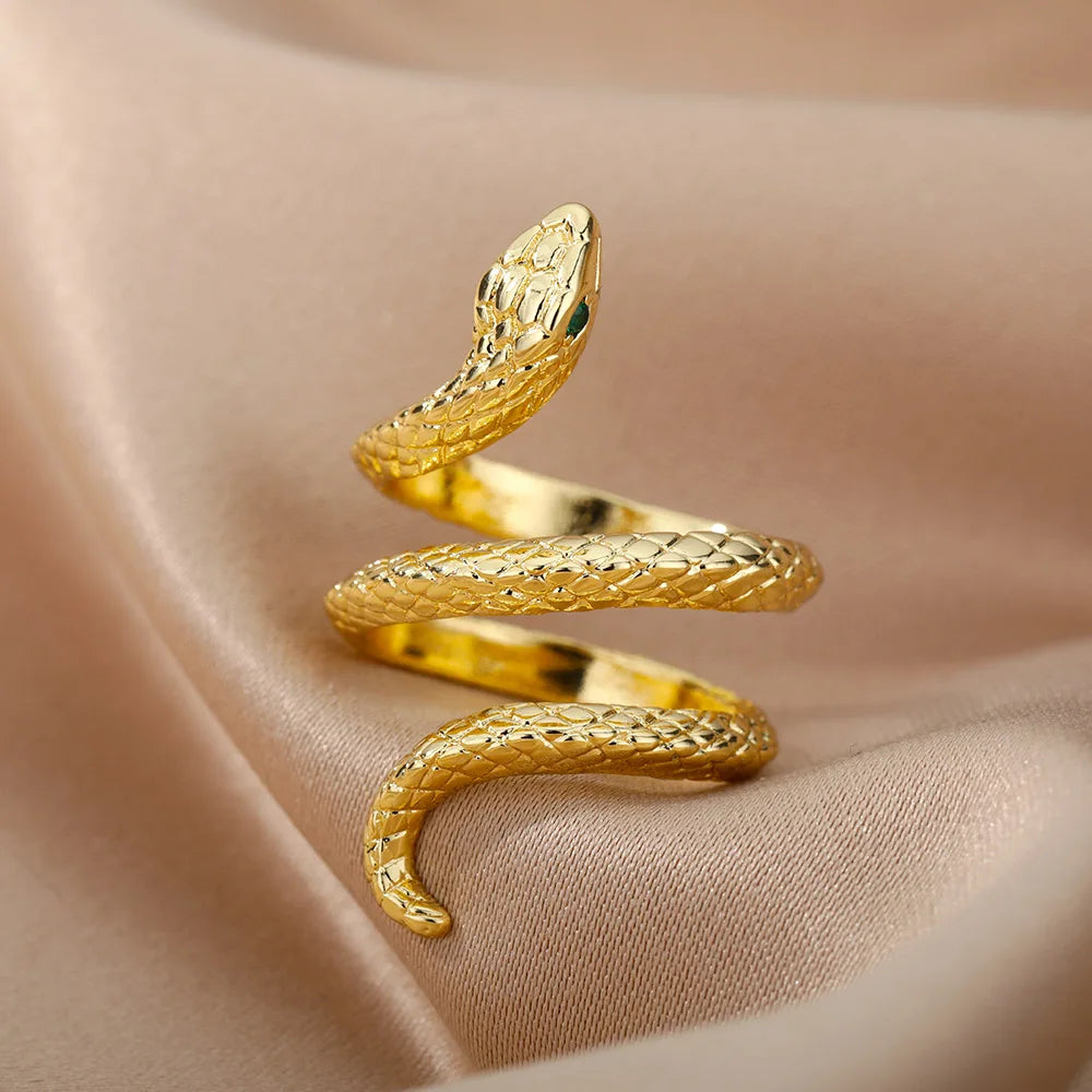 Edelstahl Schlangenringe für Damen Herren Goldfarben Offen Verstellbar Zirkon Ring Vintage Gothic Ästhetischer Schmuck anillos mujer