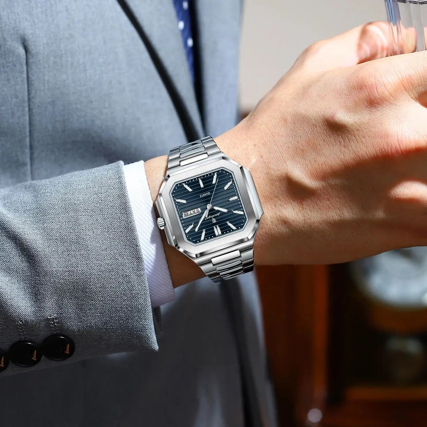 POEDAGAR Reloj de Pulsera Cuadrado de Moda para Hombre, Impermeable, Luminoso, Fecha, Semana, Cuarzo, para Hombre, Reloj de Lujo de Acero Inoxidable para Hombre, Reloj