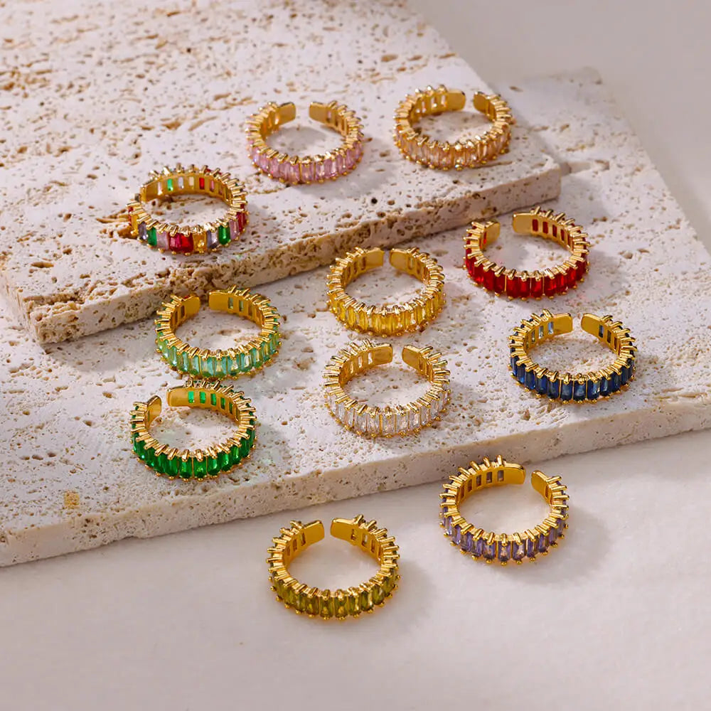 Goldfarbene Zirkonia-Ringe für Damen Offener Edelstahl Grüner Luxus-Kristall-Fingerring Boho Schmuck Hochzeitsfeier Geschenk
