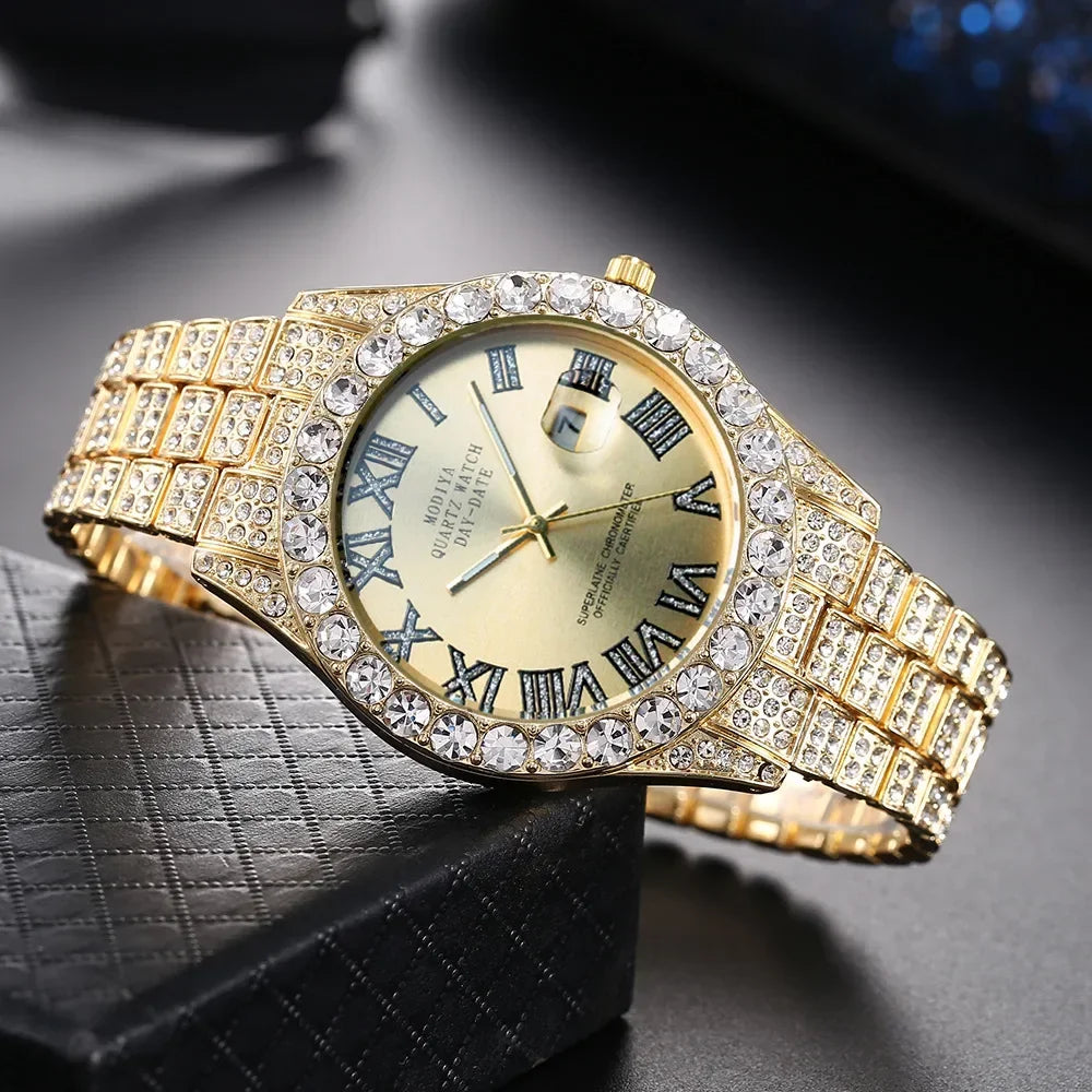 Reloj de diamante brillante Hot Sale para hombre, color oro, de lujo, de cuarzo, reloj masculino, dropshipping, calendario de diamantes de imitación, reloj de pulsera