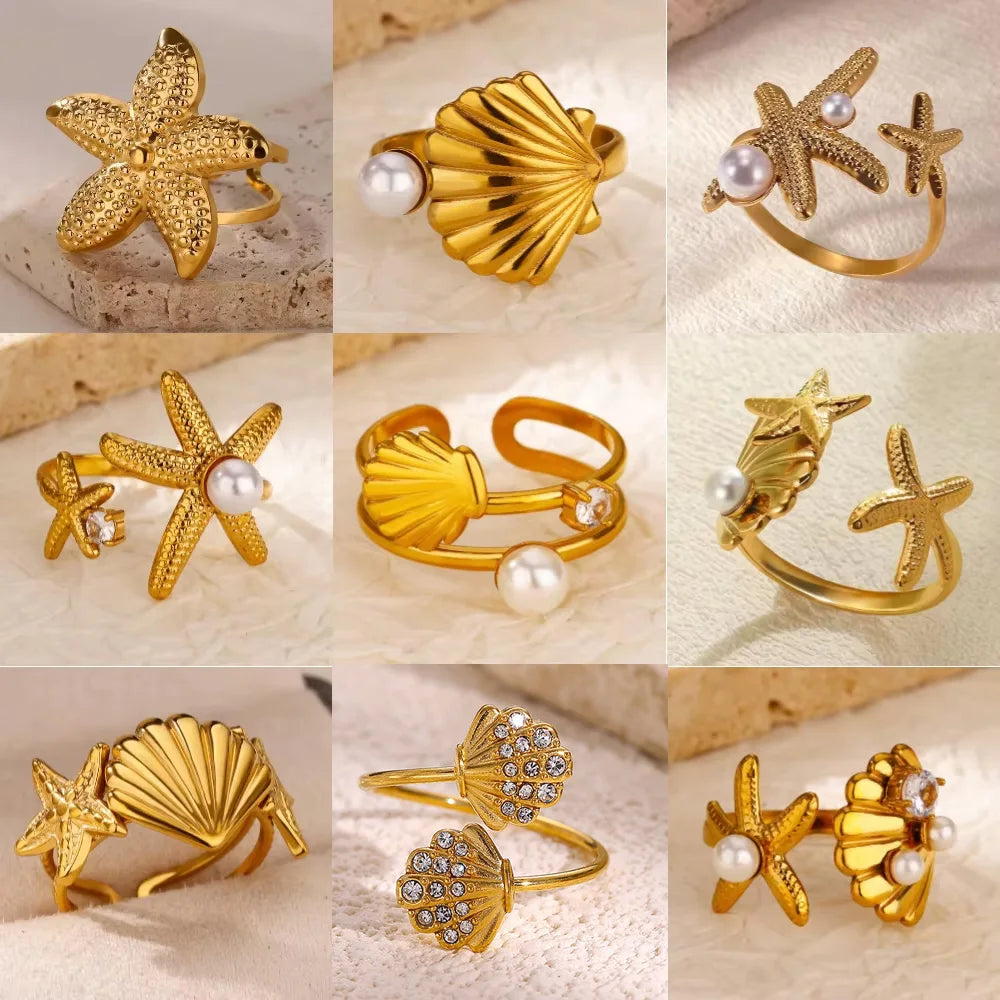 2025 Anillos de agua dulce de acero inoxidable con perlas, estrellas de mar y conchas para mujer, de color dorado, estilo punk vintage, joyería impermeable para la playa