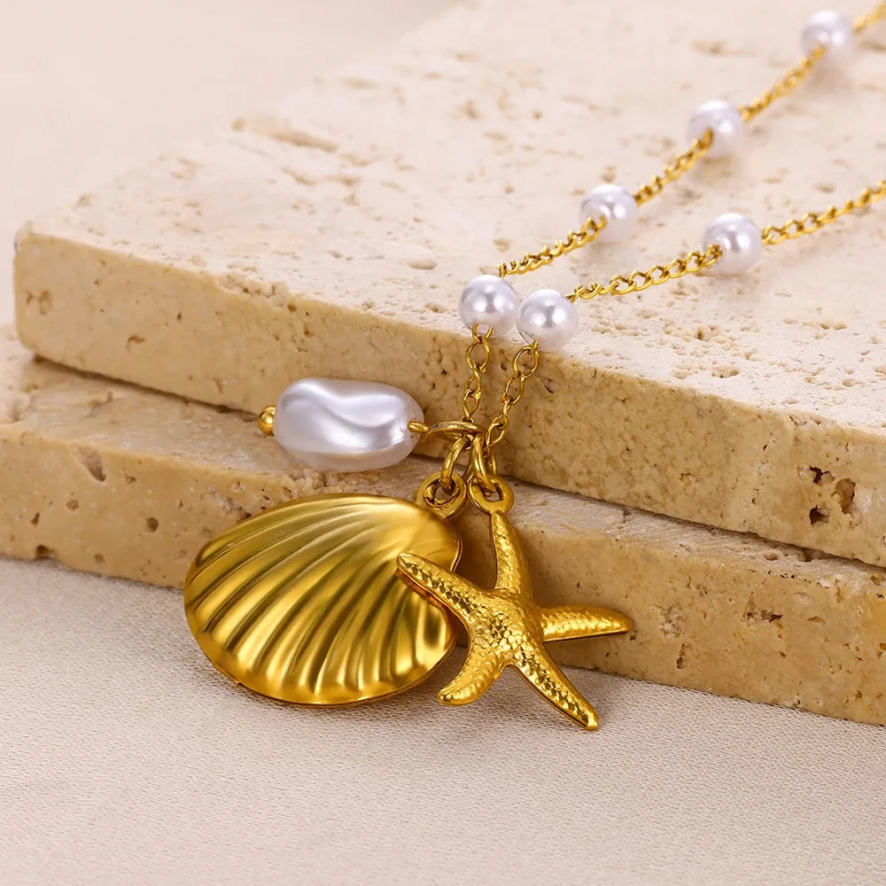 Vintage Starfish Shell Pearl Necklace For Women Gold Color Stainless Steel Pendant Shell Necklace Aesthetic  Summer Jewelry Gift