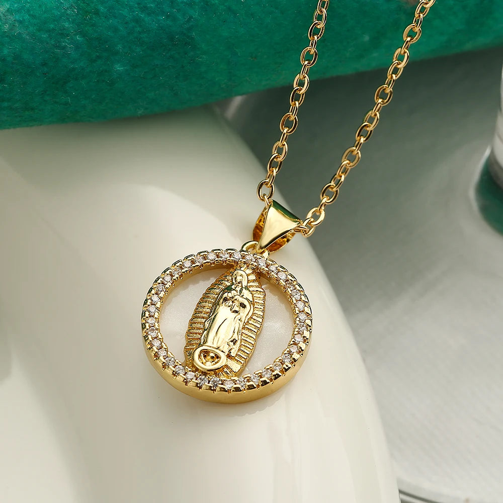 NEWBUY High Quality Women's Religious Jewelry Copper CZ Zircon Inlay Virgin Mary Pendant Stainless Steel Chain Necklace