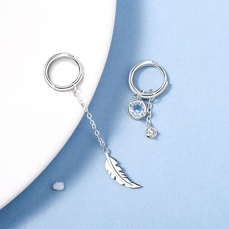 VENTFILLE Pendientes Asimétricos de Pluma de Plata de Ley 925 con Piedra Lunar Blanca, Pendientes Colgantes para Mujer, Joyería Hecha a Mano
