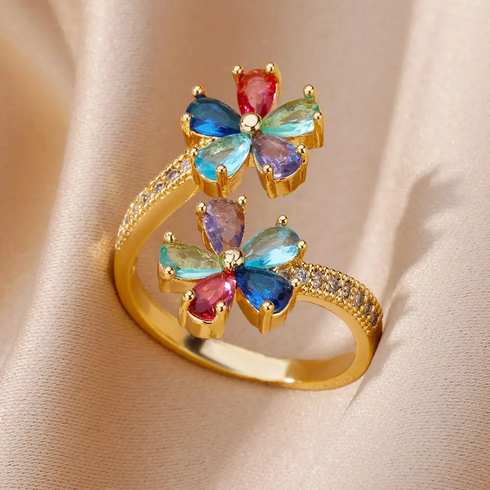 Bunte Zirkon-Doppelblumenringe für Damen, vergoldeter Edelstahl, Blumenöffnungsring, Hochzeit, ästhetischer Schmuck, Geschenk 2023