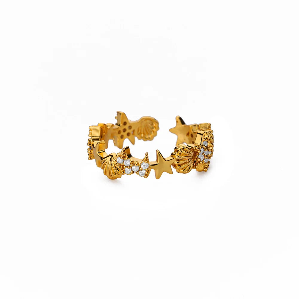 316L Edelstahl Seestern Muschel Ringe für Frauen Gold Farbe Offener Fingerring Femme Trendiger Sommerurlaub Ozean Schmuck Geschenk