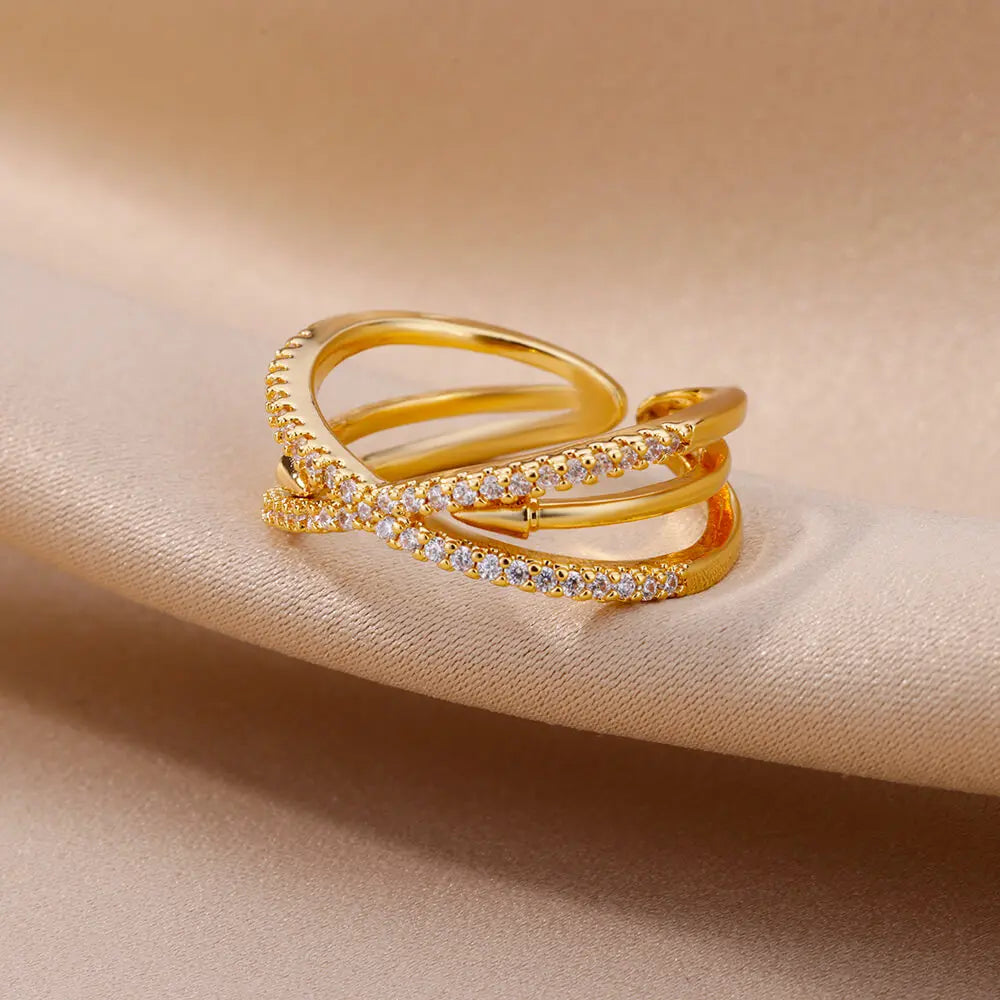 Zirkon Kreuzringe für Damen Vergoldeter Offener Edelstahl Kreuzring Hochzeit Party Ästhetischer Schmuck Geschenk Kostenloser Versand