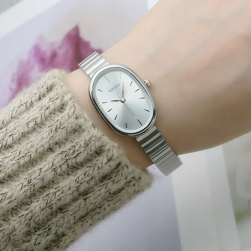 Reloj de cuarzo para mujer con esfera ovalada pequeña, correa de bambú de acero inoxidable, para niña, estudiante, ocio, moda, lujo, regalo, venta al por mayor