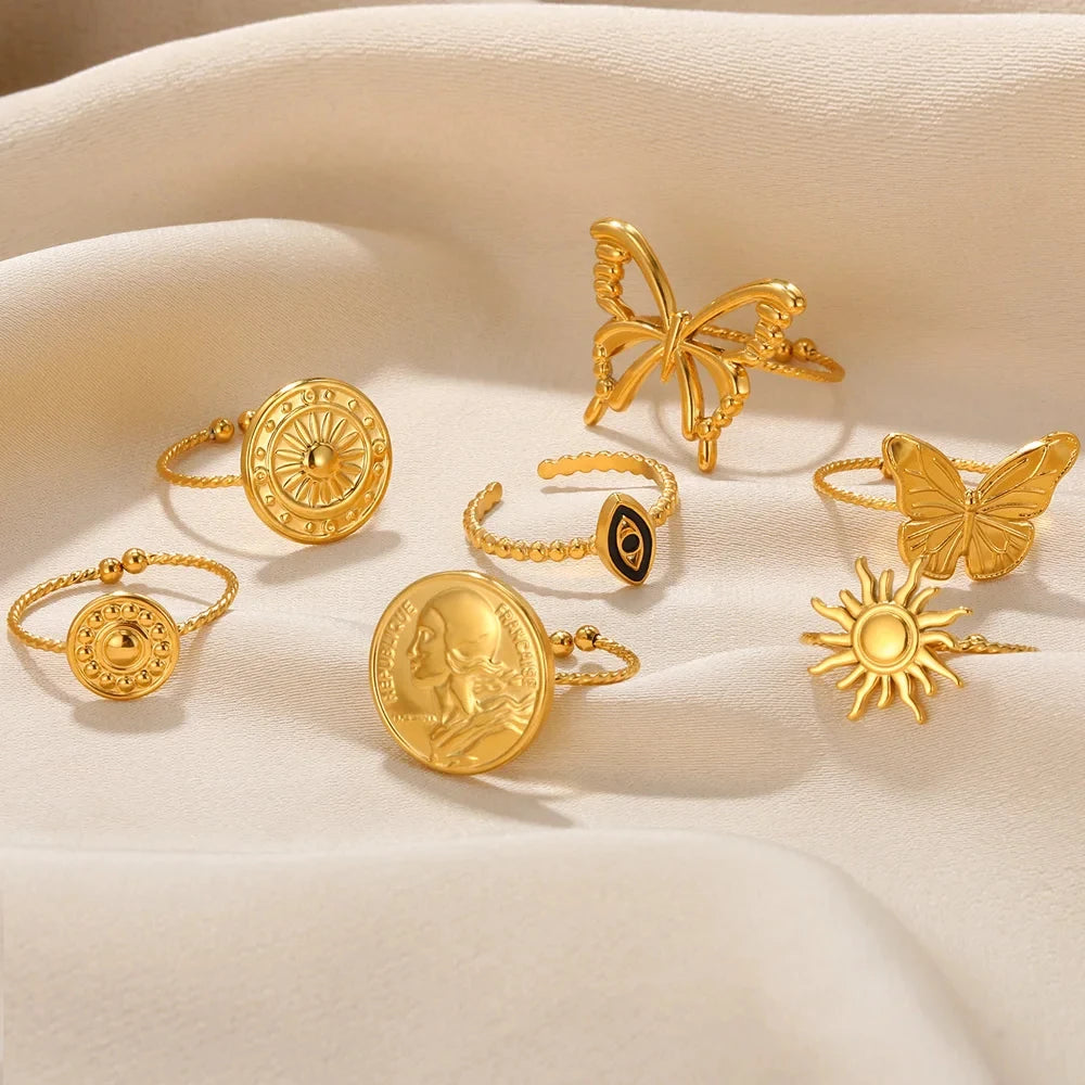 Stainless Steel Sun Rings For Women Gold Color Sun Butterfly Finger Adjustable Ring Aesthetic Fashion Wedding Jewelry Gift