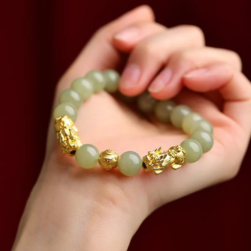 1 Stück Armband im chinesischen Stil Hotan Jade Pi Xiu Chinesisches mythologisches Element Pixiu-Armband Auf der Suche nach Wohlstand Gebetszubehör