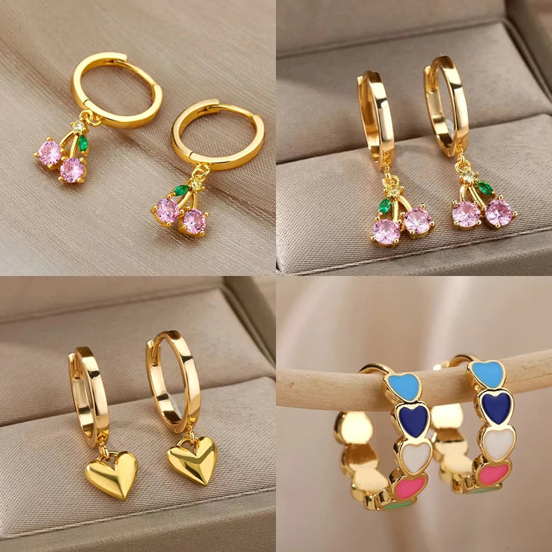Kristallfrucht Kirsch-Ohrringe für Frauen Edelstahl Rosa Kirsch-Ohrring Femme Fee Mode Boho Schmuck Geschenk 2023