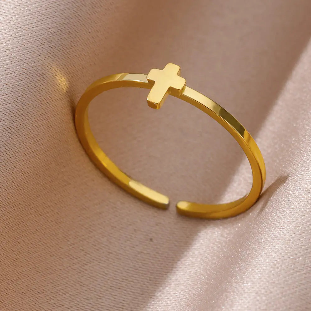 Edelstahl kleine Herzringe für Frauen Vintage Gold Farbe Kreuz Öffnung Geometrischer Ring Mode Hochzeit Schmuck Geschenk 2024