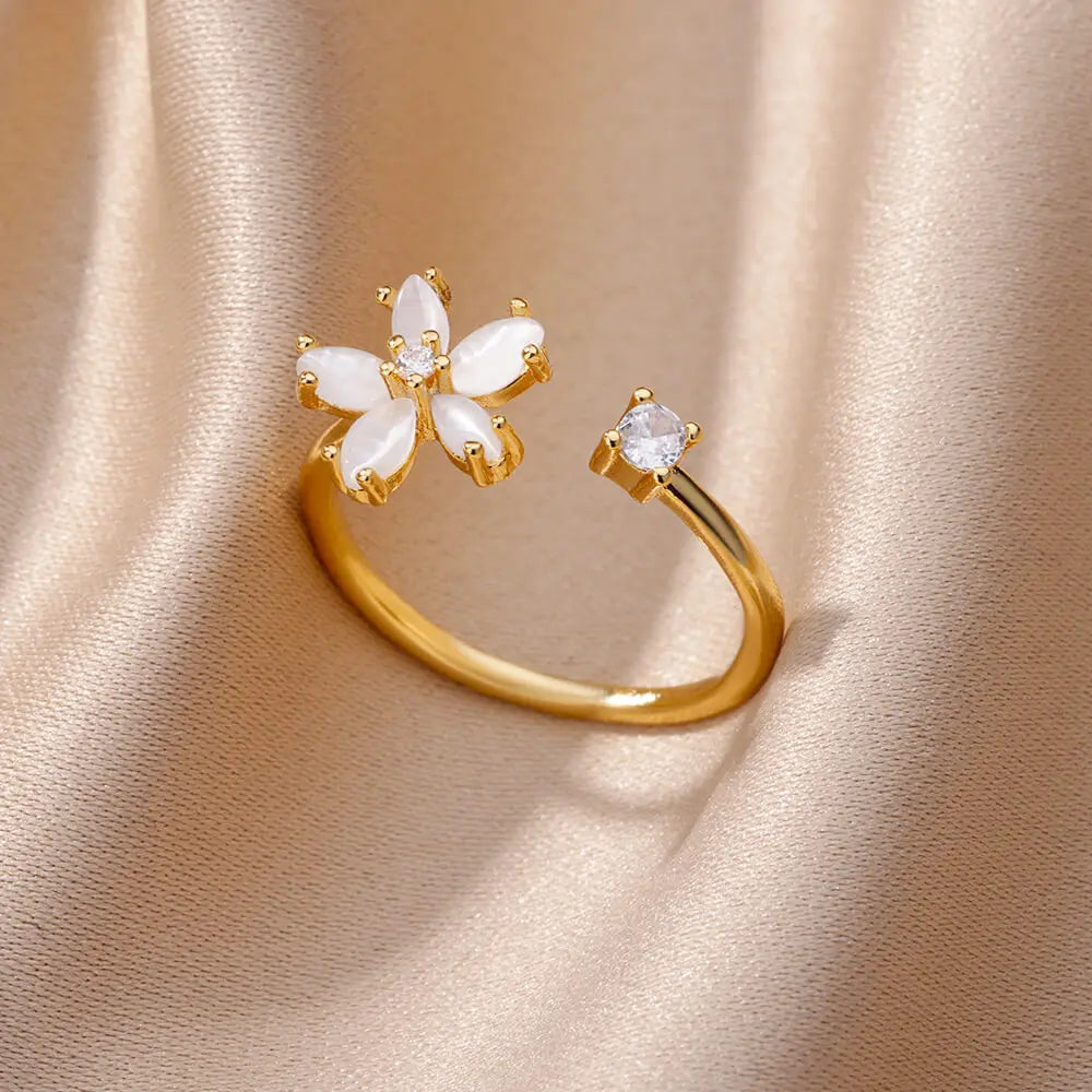 Opal-Blumenringe für Frauen, Zirkonia, offen, Edelstahl, Blumenring, Hochzeit, florale Ästhetik, Schmuck, Anillos Mujer